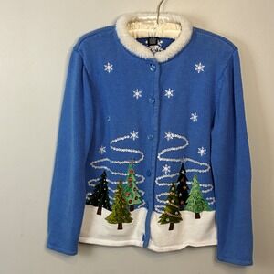 Crystal Kobi Christmas Sweater Cardigan Women's Medium Blue Tree Vintage Grandma